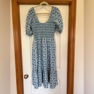 Smocked Blue Floral Hill House Crepe Dress with Puff Sleeves